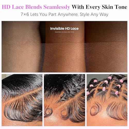 7x6 Burmese Curly Glueless Wigs Human Hair Pre Plucked Pre Cut 250% Density Drawstring Wig for Black Women 7x6 HD Lace Front Wigs Human Hair Glueless Wear and Go Nautural Color 16 Inch