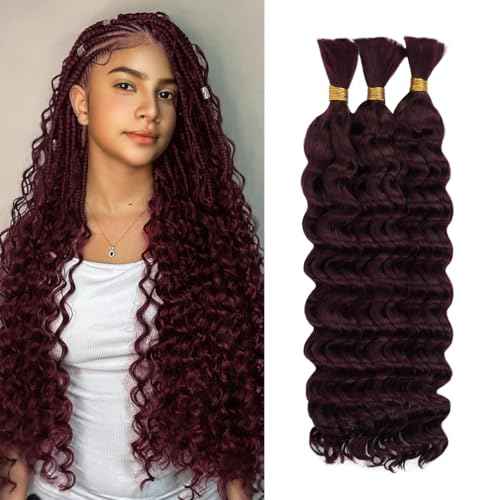 Deep Wave Human Braiding Hair for Boho Braids ? 20 Inch 120g 3 Bundles/Pack 99J Burgundy, 100% Unprocessed 12A Brazilian Virgin Hair Bulk, No Weft, Wet & Wavy Curly Knotless Extensions