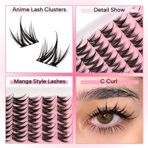 Manga Lash Clusters Kit Natural Eyelash Clusters Spiky Lash Extension Kit 80Pcs Anime Cluster Eyelash Extensions with Waterproof White Lash Glue and Tweezers DIY at Home (Cutey Kit-B)