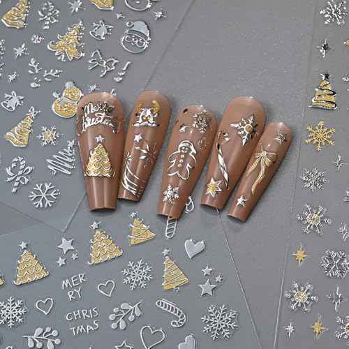 12 Sheet Christmas Nail Art Stickers Silvery Nail Stickers Snowflake Xmas Tree Nail Decals Star Elk with Golden 5D Embossed Nail Art Supplies for Winter Holiday Manicure Decorations