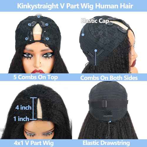 Cheetahbeauty Kinkystraight V Part Wig Human Hair with Elastic Drawstring 18 Inch No Leave Out Lace Front Wigs Upgrade Glueless U Part Wigs 180% Density Yaki Straight Half Wigs for Women Natural Color