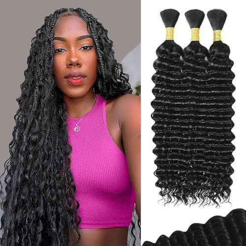 26 Inch 150g Human Braiding Hair for Boho Braids Deep Wave Bulk 100% Unprocessed Brazilian Virgin Human Hair for Braiding Bohemian No Weft 3 Bundles Natural Color