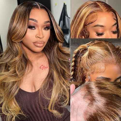 Highlight Ombre 360 Lace Front Wig Human Hair 20 Inch Body Wave 180 Density 427 Honey Blonde Pre Plucked HD Full Lace Human Hair Wig for Women