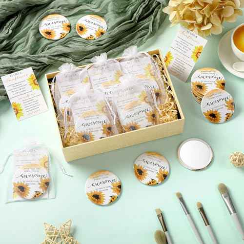 50 Set Inspirational Compact Mirror Bulk Christmas Appreciation Gift for Women Mini Makeup Pocket Mirror with Motivational Cards for Thanksgiving Coworker Employee Nurse Friends (Sunflower)