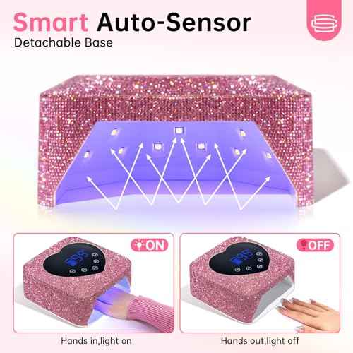 UV LED Nail Lamp 72W Rechargeable Sparkly Wireless Nail Dryer Gel Polish Light with 5 Timer Setting Professional Quick Dry Curing Lamp Pink with Display Auto Sensor for Salon & Home