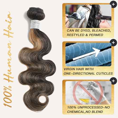 Highlight Honey Blonde Bundles Human Hair 16 Inch Body Wave Black and Blonde Balayage 1b/27 bundles 12A Brazilian Virgin Remy Hair Loose Wave Wavy Sew In Weave Ombre Single Bundle Piano Color P1b27