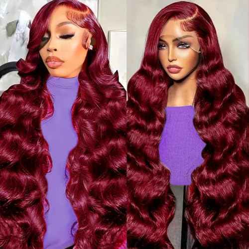 32 Inch 99J Burgundy Lace Front Wig Human Hair 200 Density 13x4 HD Transparent Lace Body Wave Pre Plucked Wine Red Colored Glueless Wig for Women