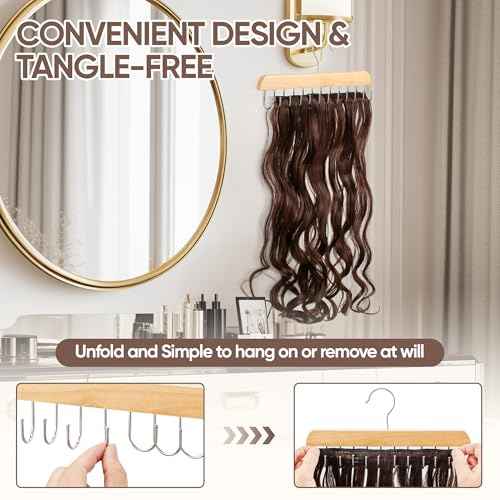 ¡¼2 Pack¡½ Wood Hair Extension Holder for Hair Storing, Washing, Drying, Coloring, Styling, Foldable Belt Hanger, Rotating Multi-Purpose Hooks Hanger, Hanging Closet Organizer