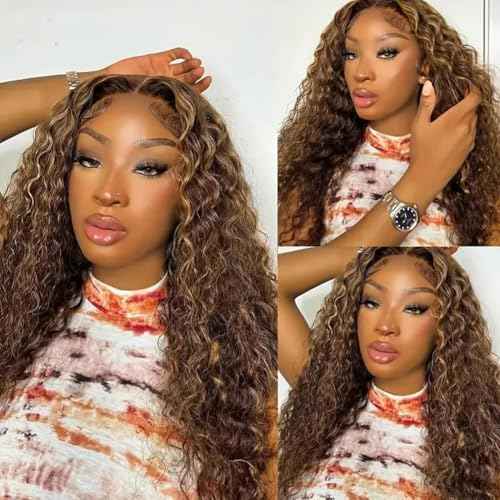 Highlight Ombre 13x4 HD Lace Front Human Hair Wig 26 inch 4/27 Deep Wave 180% Density Honey Blonde Curly Glueless Lace Frontal Wig For Women Pre Plucked with Baby Hair
