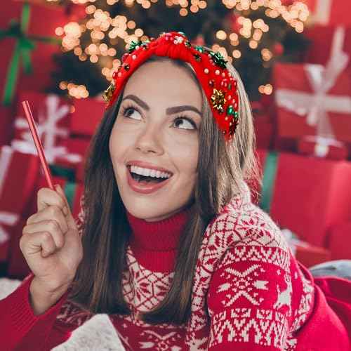 2 Pack Christmas Headband for Women Pearl Rhinestone Crystal Jeweled Xmas Flower Embellished Ladies Wide Top Knot Red Green Makeup Hair Hoop Accessory Holiday Party Costume Decor Prezzie
