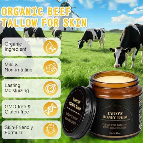 IIIMEIDU Beef Tallow for Skin, Tallow and Honey Balm for Face Moisturizer Balm, 100% Natural Organic Grass-Fed Beef, Honey, Vitamin E Oil for Body & Face (4.2 Oz, honey/balm)