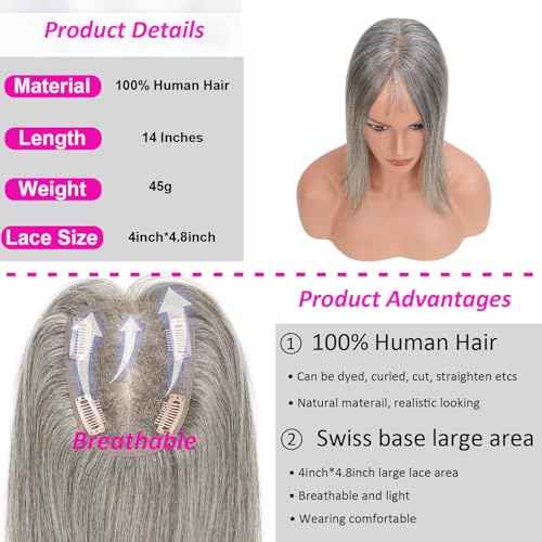 Hair Toppers for Women Real Human Hair, Light Grey 14 Inch 360¡Æ Cover Middle Part Topper for Women with Thinning Hair Realistic Scalp Line 4x4.8 Inch Upgrade Basement HairPieces