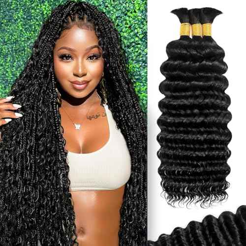 Human Braiding Hair for Boho Braids 110g Curly Boho Hair for Braiding Knotless 12A Wet and Wavy Bulk Bohemian 3 Bundles/Pack Deep Wave 100% Human Hair Extensions Natural Color 20inch