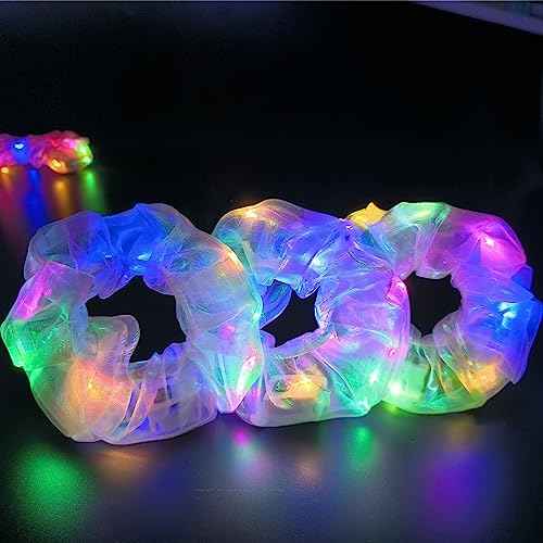 4Pcs Light Up Scrunchies Christmas Hair Tie, LED Neon Hair Accessories for Women & Girls, Glow in the Dark Party Supplies Sleepover Party Favor Rave Accessory