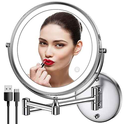 Rocollos Rechargeable Wall Mounted Lighted Makeup Mirror, 8 Inch Double-Sided LED Vanity Mirror 1X/7X Magnification,3 Color Lights Touch Screen Dimmable 360¡ÆSwivel 13 Inch Extendable