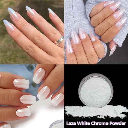Laza White Chrome Nail Powder Glazed Donut Nails Metallic Effect Pigment Shimmer Pearlescent Mica Powder Iridescent Aurora Nail Glitter Fairy Dust Gel Nail Art Supplies Nail Techs ? Pearl Chrome