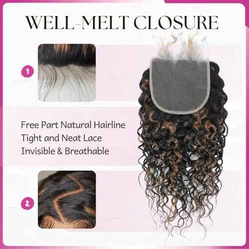 F1B30 Highlight 5x5 HD Lace Closure Water Wave Human Hair (16 Inch, Free Part), Invisible Transparent Wet n Wavy Black With Brown Colored Curly Closure 100% Remy Hair