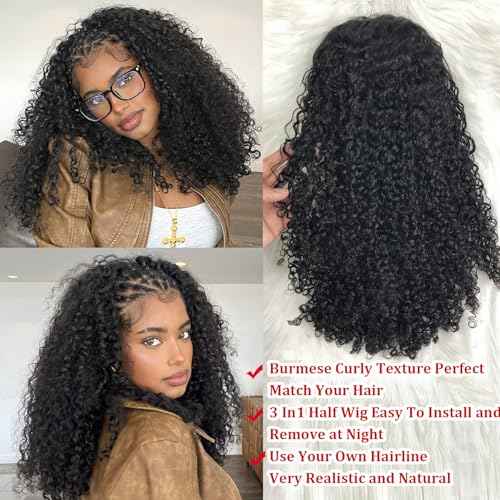 BLG Burmese Curly Half Wig Human Hair 300% Density 3 In 1 Human Hair Half Wigs for Women 16 Inch Curly Seamless Wear and Go Glueless Drawstring Wig Natural Color Quick Install Beginners Friendly Wigs