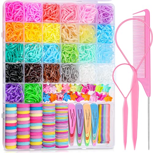 TsMADDTs Elastic Hair Ties, Colorful Hair Accessories for Baby Toddlers Kids Girls, 26 Colors Small Rubber Bands Set with Ties and Clips, Styling Tools