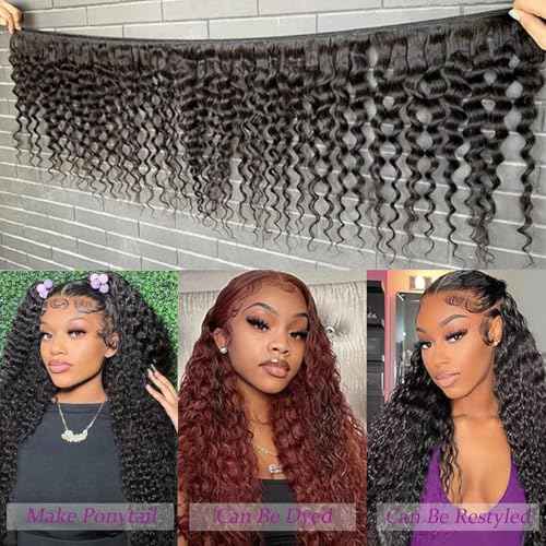 Human Hair Bundles Deep Wave 18 20 22 24 Inch Curly Bundle Human Hair 100% Unprocessed Brazilian Virgin Hair 4 Bundles for Women Wet and Wavy Hair Bundle Weave Extensions Natural Black
