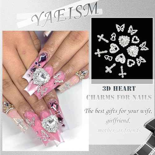 42PCS Silver Nail Charms Crystal Heart Nail Charms 3D Alloy Cross Nail Charms Metal Butterfly Charms Nail Gems Rhinestones for Women Nail Art and DIY Crafts, Small