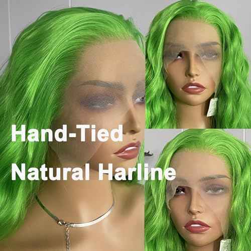 RONGDUOYI Green Long Wavy Synthetic Lace Front Wigs for Women with Side Part Pre Plucked Loose Wave Wig Heat Friendly Fiber Hair Halloween Costume Cosplay Wig 24Inch