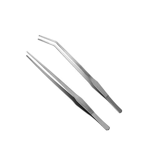 2Pcs 15 Inch Long Handle Stainless Steel Tweezers Nippers, Long Tweezer with Precision Serrated Tips for Garden, Kitchen, Sea food, Indoors and Outdoors (Curved + Straight Head)