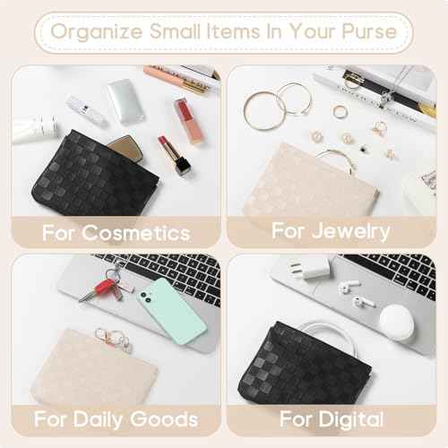 Sightor 2PCS Pocket Cosmetic Bag for Purse, Checkered Makeup Bag Portable Leather Cosmetic Bag for Women, Coin Purse Lipstick Cosmetic Accessories Organizer Travel Cosmetic Pouch (Black, Beige, L)