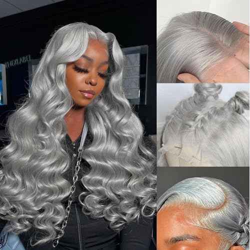 20 Inch Grey Body Wave Lace Front Wigs Human Hair 180 Density HD Transparent 13x4 Lace Frontal Wig Pre Plucked With Baby Hair Gray Lace Closure Glueless Wigs For Women