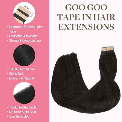 GOO GOO Tape in Hair Extensions Human Hair, 1B Natural black, 18inch 100g 40pcs, Skin Weft Seamless Invisible, Silky Straight with Thick Ends, Remy Human Hair