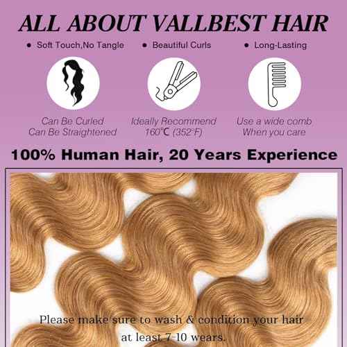 Vallbest Honey Blonde Bundles Human Hair #27 Body Wave Bundles 16 18 20 Inch 3 Bundles 100% Unprocessed Brazilian Virgin Hair 12A Virgin Raw Remy Weave Human Hair Extensions for Women