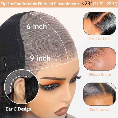 ShowJarlly Small Cap 9x6 Body Wave Lace Front Wigs Human Hair 200% Density Wear and Go Glueless Wigs Human Hair Pre Cut Closure Wig Human Hair for Black Women Natural Black 20 Inch (21.5" - 22.5")