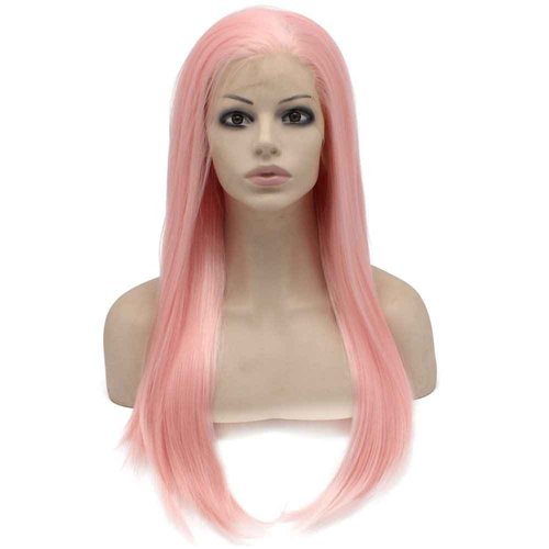 MX angel Long Straight Synthetic Lace Front Half Hand Tied Wigs Cosplay Party (Pink)