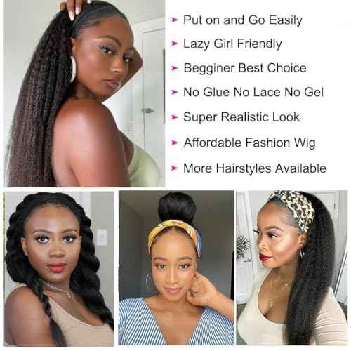 TNICE Kinky Straight Headband Wig Human Hair 26 Inch Headband Wigs for Black Women Glueless None Lace Front Yaki Straight Human Hair Headband Wig Brazilian Virgin Hair Wigs Natural Black 180% Density