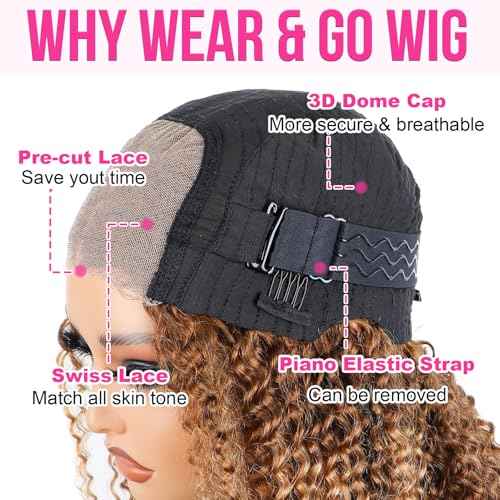16 inch Wear and Go Glueless Wig Ombre Highlight 4/27 Kinkycurly Wigs Pre Cut Transparent Lace Wig human hair Pre Plucked,Natural Hairline for Women 200% Density