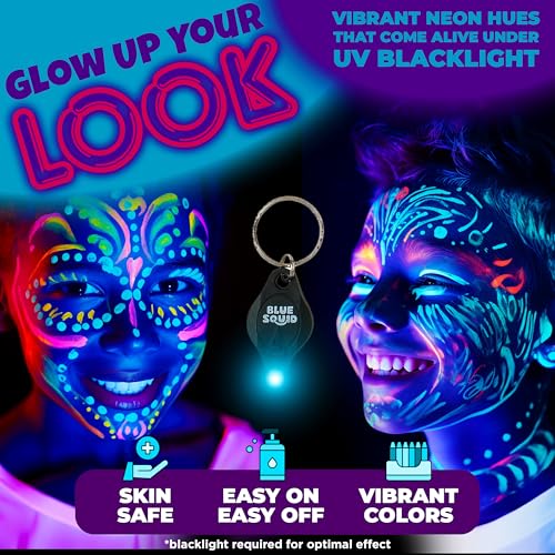 Blue Squid UV Neon Face and Body Paint Glow in the Dark Face Paint Kit 20 Colors Black Light with Stencils, Book - Safe for Sensitive Skin, Non-Toxic UV Painting Professional Accessories Kids Adults