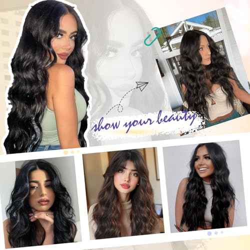 SCENTW Glueless Wigs Black Wig for Women Hand-Tied Lace Synthetic Lace Front Wig Long Wavy with Natural Hairline Middle Part Synthetic wig for Daily Party Beginners
