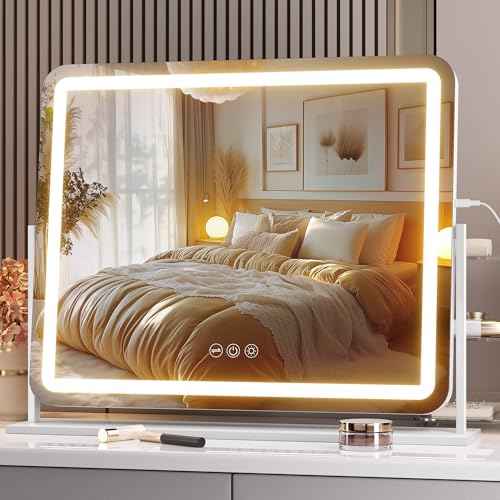 Hasipu Vanity Mirror with Lights, 22" x 18" LED Makeup Mirror, Light up Mirror with Smart Touch 3 Colors Dimmable, Brightness Adjustment, 360¡Æ Rotation (White)