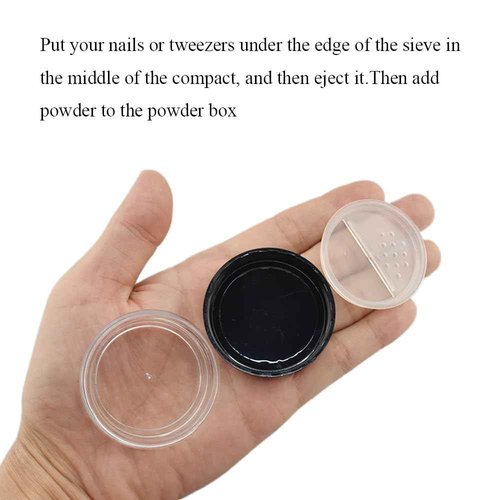 HAHIYO 1Pcs 10ml/0.34oz Plastic Empty Travel Compact Case Makeup Cosmetic Jar Refillable Powder Box No Leak Powder Holder with Rotatable Sifter and Black Screw Lid
