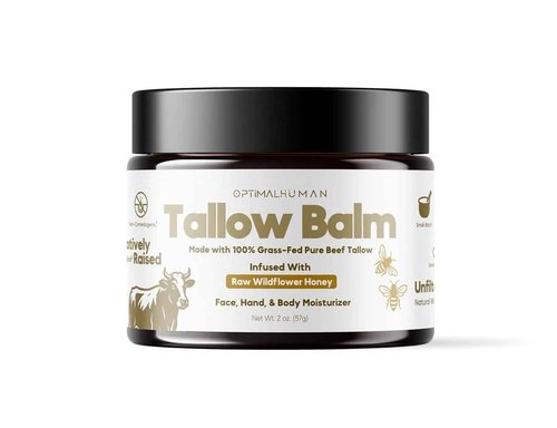 O H Grass-Fed Tallow Balm With Raw Honey - For Sensitive, Dry Damaged Skin - Face, Hand, and Body Moisturizer - Optimal Human