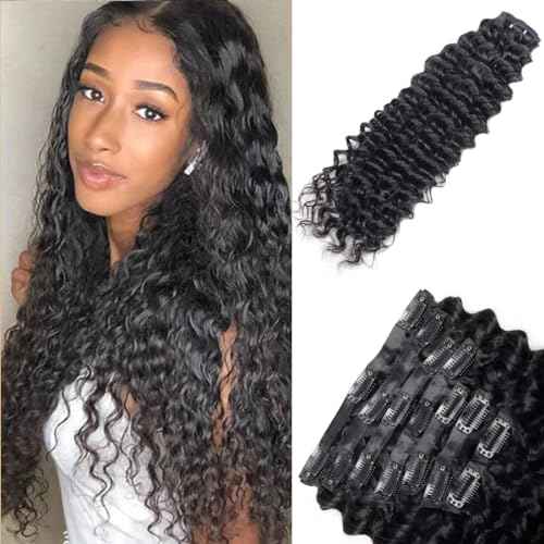 Seamless Clip in Hair Extensions Real Human Hair Deep Wave Brazilian Virgin Human Hair Clip in Extensions for Women 8Pcs PU Remy Hair Skin Weft with 18Clips 120g 24inch Natural Black