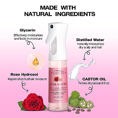 Orientfashion Moisturizing Refreshing Spray for Locs- Rose Water Hair Scalp Moisturizer, Castor Oil- Natural Loc Care and Maintenance (Rose, 10 Fl oz)