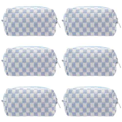 PAZIMIIK Checkered Makeup Bag for Purse Portable Zipper Make Up Pouch Small Cosmetic Case for Travel Accessories (6PCS Blue)
