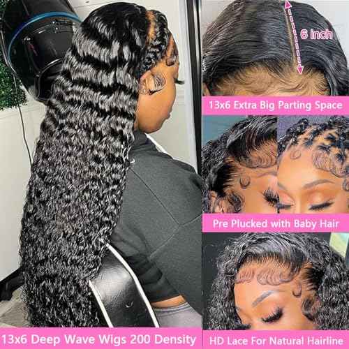 Deep Wave Lace Front Wigs Human Hair 13x6 HD Transparent Human Hair Lace Front Wigs Pre Plucked Deep Curly Human Hair Glueless Wigs for Women 200% Density Deep Wave Frontal Wigs with Baby Hair 26 Inch