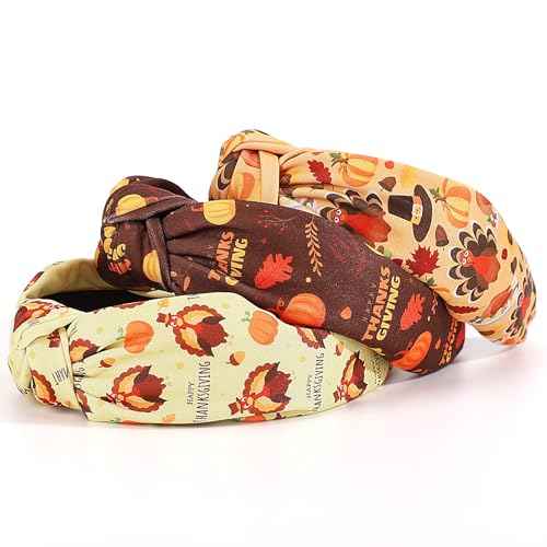 3Pcs Thanksgiving Day Headbands for Women - Turkey & Letter Knotted Hair Hoops, Fall Pumpkin Autumn Maple Leaves Accessory for Holiday