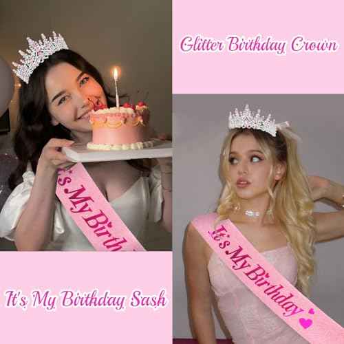 CURASA Birthday Sash and Crown - Pink Birthday Tiara for Women - Princess Crown Party Favors