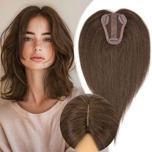 Rich Choices Hair Toppers for Women Real Human Hair 150% Density Clip in Silk Base No Bangs 100% Human Remy Toppper Realistic Scalp Pieces for Women with Thinning Crown 8 Inch #2R Chocolate Brown