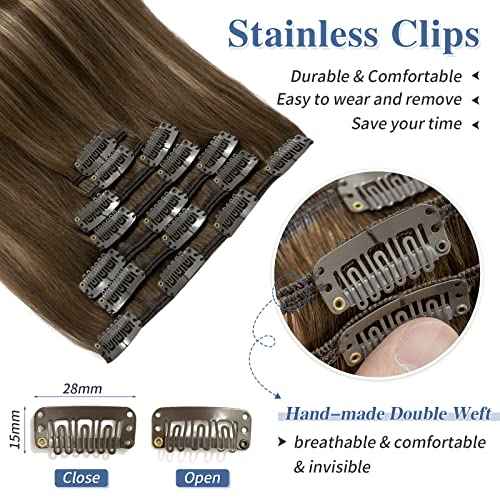Clip in Hair Extensions Real Human Hair S-noilite #4T4P27 Chocolate Brown to Caramel Blonde Double Weft hair extensions 20 Inch Clip in Real Human Hair for Women Balayage Straight 7PCS 125g