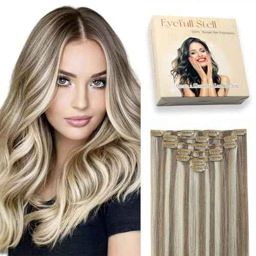 Clip in Hair Extensions Real Human Hair 20inch 95g 7PCS Ash Brown Highlights Platinum Blonde Remy Clip on Human Hair Double Weft Natural Silky Straight Clip ins Hair