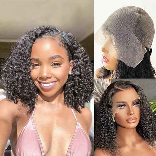 14 Inch Deep Wave Bob Wig Human Hair Glueless 13x6 Lace Front Wigs Human Hair Wigs for Black Women Pre Plucked 200 Density HD Short Curly Lace Frontal Wig Natural Black